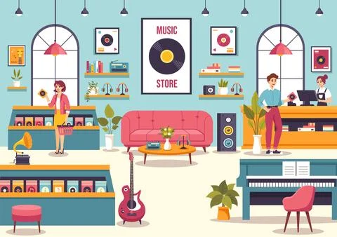 Music Store Vector Illustration with Various Musical Instruments, CD, Casse.. Stock Illustration