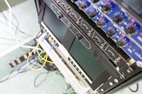 Music studio rack. Audio effects processor. Sound Recording Equipment. Media  스톡 사진