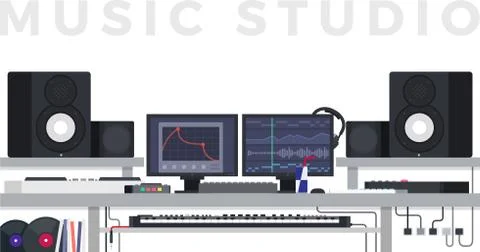 Music studio. Vector flat illustrations. Musician working cabinet with digital Stock Illustration