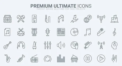 Music thin line icons set, acoustic instruments, notes and musical digital Stock Illustration
