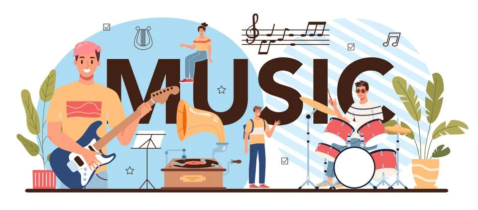Music typographic header. Students learn to play music club or class Stock Illustration