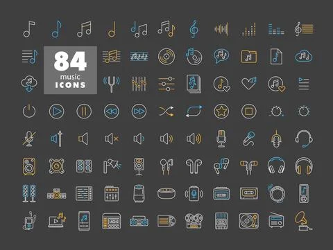 Music vector flat icon set on dark background Stock Illustration
