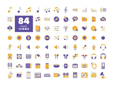 Music vector flat isolated glyph icon set Stock Illustration