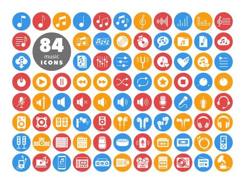 Music vector flat white glyph icon set Stock Illustration