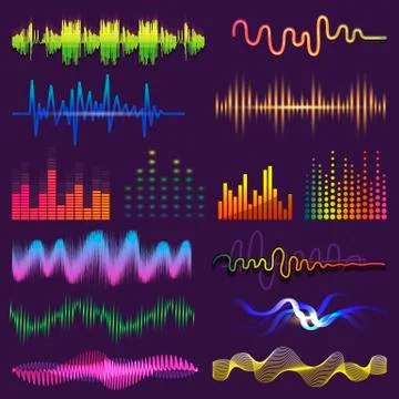 Music waves of sound on radio vector audio sounding waveform and wavelength of Stock Illustration
