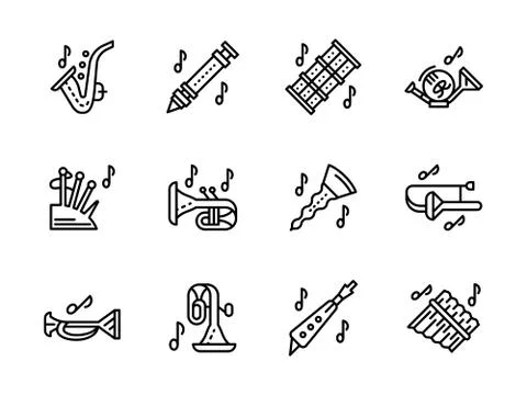 Music wind instruments black line vector icons set Stock Illustration