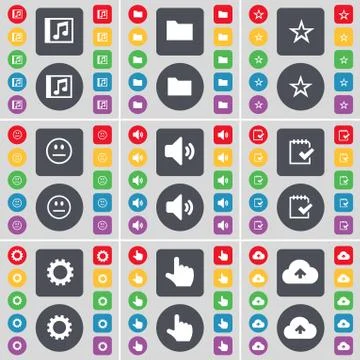 Music window, Folder, Star, Smile, Sound, Survey, Gear, Hand, Cloud icon symbol. 스톡 일러스트