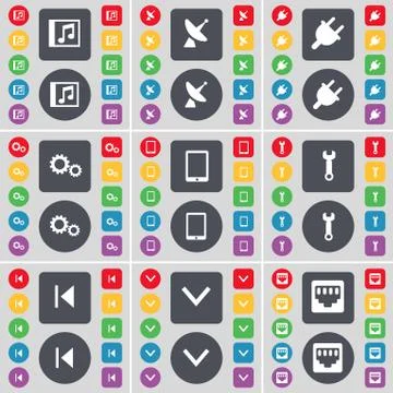 Music window, Satellite dish, Socket, Gear, Tablet PC, Wrench, Media skip, Arrow Stock Illustration