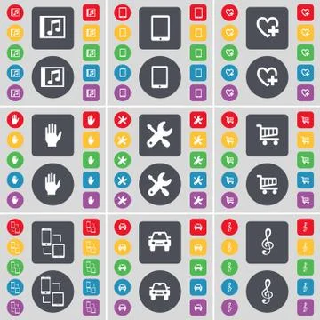 Music window, Tablet PC, Heart, Hand, Wrench, Shopping cart, Connection, Car, Cl Illustrazione stock
