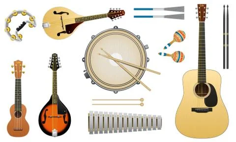 Musical acoustic instruments. String Guitar Ukulele Drums Metallophone Domra Stock Illustration