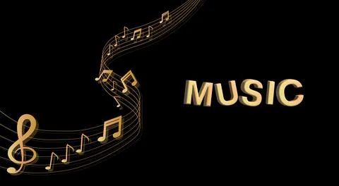 Musical background with clef and notes and 3D effects in gold tone on black.. Stock Illustration