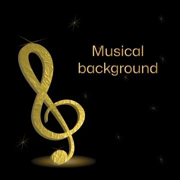Musical background with clef and notes and 3D effects in gold tone on black.. Stock Illustration