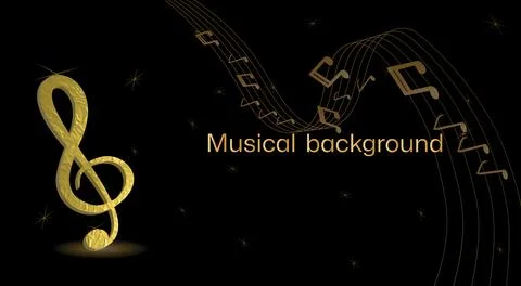 Musical background with clef and notes and 3D effects in gold tone on black.. Stock Illustration