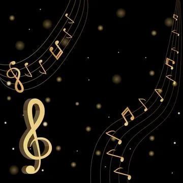 Musical background with clef and notes and 3D effects in gold tone on black.. Stock Illustration