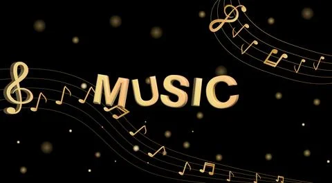 Musical background with clef and notes and 3D effects in gold tone on black.. Stock Illustration