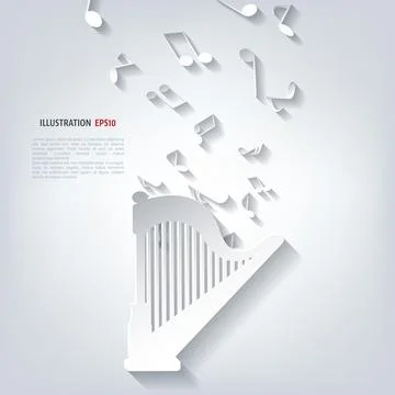 Musical background vector illustration with notes and harp. Stock Illustration