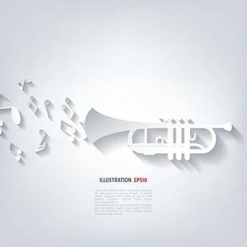 Musical background vector illustration with notes and wind instrument. Stock Illustration