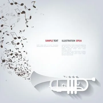 Musical background vector illustration with notes and wind instrument. Illustrazione stock