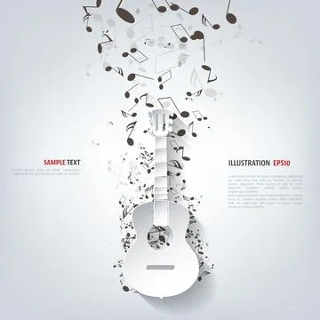 Musical background vector illustration with notes and guitar. Stock Illustration