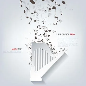 Musical background vector illustration with notes and harp. Stock Illustration