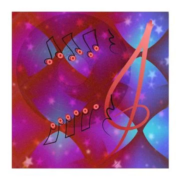 Musical bright background with notes in the rhythm of disco, treble clef, vin Stock Illustration