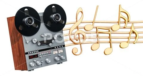 Musical concept. Retro reel-to-reel tape recorder with music notes, 3d  render ~ Clip Art #95918755