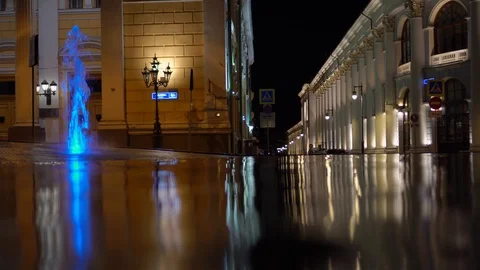 Musical, dancing fountain highlighted in different colors. Night time. Ultra HD Stock Footage 120487517