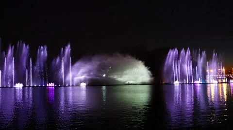 Musical dancing fountain, light visual effect, city night illumination Stock Footage 53823009