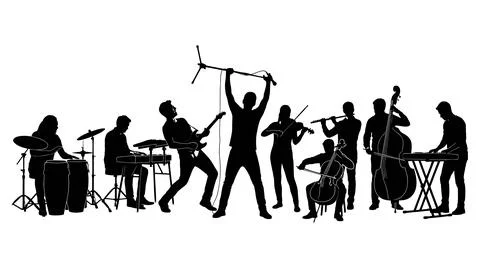 Musical ensemble silhouette group performing together in a dynamic concert Stock Illustration