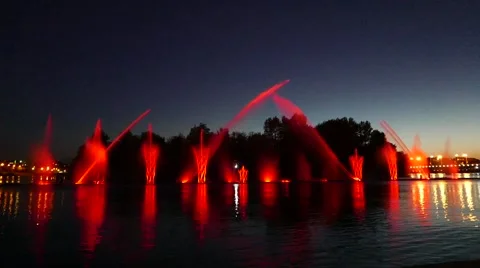 Musical floating fountain in the river, night lights of city Stock Footage 53783853