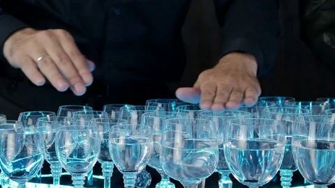 Musical Glasses. Musician Playing On Glass Harp Stock Footage