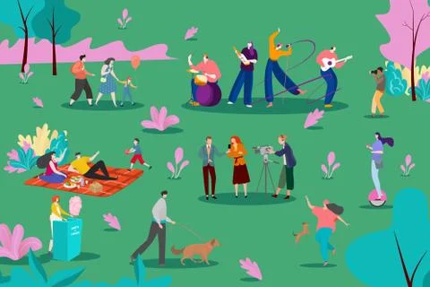Musical group perform at park, vector illustration. People listen to Ilustración de archivo