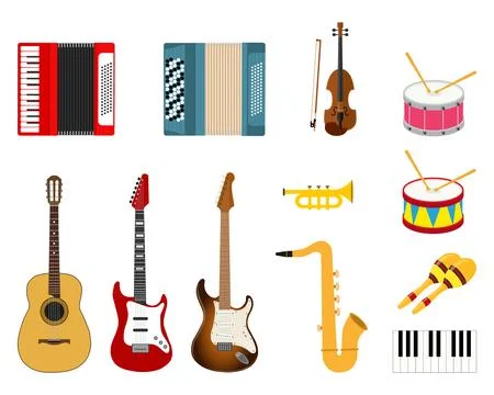 Musical instrument vector icon set with guitar accordion violin drum Stock Illustration