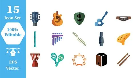 Musical instruments and accessories icon set with instrument acoustic recorde Stock Illustration