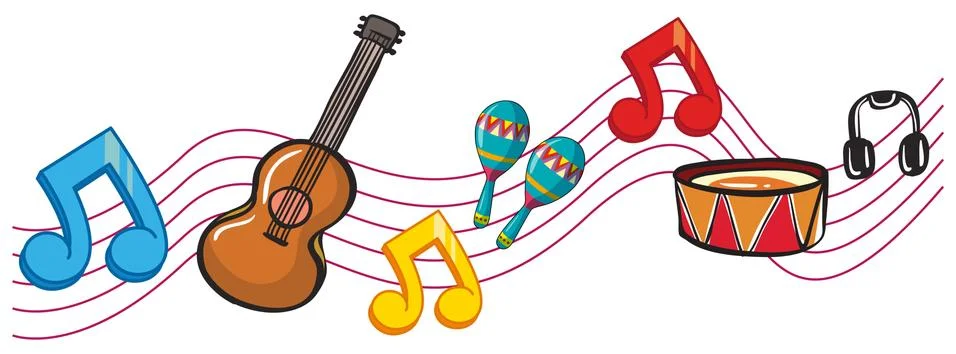 Musical instruments and music notes in background Stock Illustration