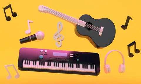 Musical instruments and notes on an orange background. 3d rendering Illustrazione stock