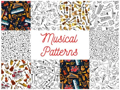 Musical instruments and notes pattern backgrounds イラスト素材