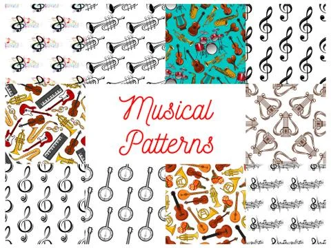 Musical instruments and notes seamless pattern set Illustrazione stock