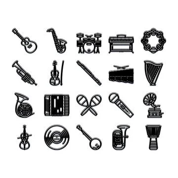 Musical instruments black and white line icons set Stock Illustration
