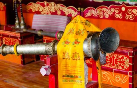 Musical instruments in a buddhist temple. Stock Photos