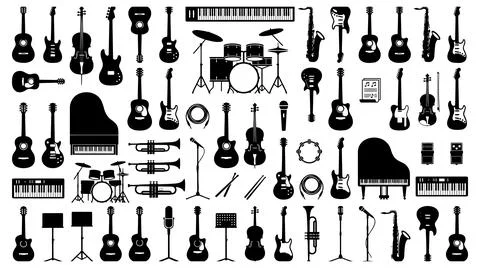 Musical instruments collection vector silhouette set for orchestral Stock Illustration