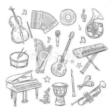 Musical instruments doodles. Drum flute synthesizer accordion guitar microphone Stock Illustration
