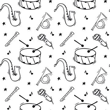 Musical instruments in doodles style. Seamless pattern Stock Illustration