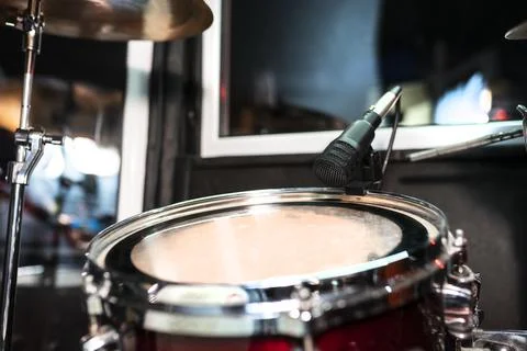 Musical instruments drum, close-up in the record studio. Drummer equipment. Stock Photos