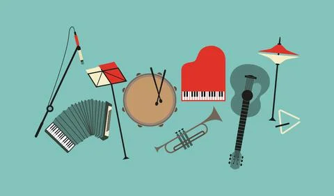Musical instruments flat color vector icon set Stock Illustration
