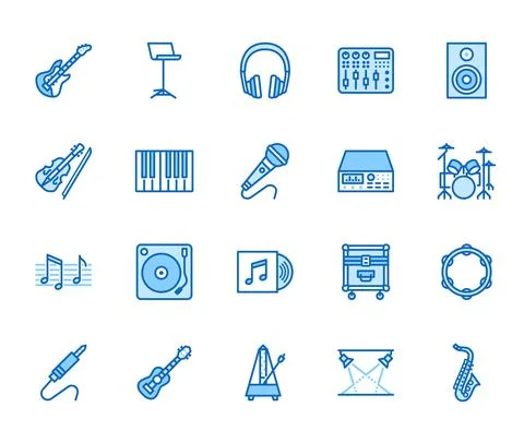 Musical instruments flat line icons set. Dj equipment, sound recording studio Stock Illustration
