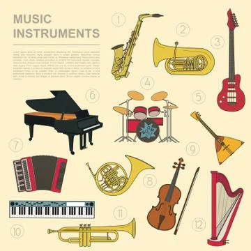 Musical instruments graphic template. All types of musical instruments infogr Stock Illustration