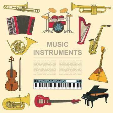 Musical instruments graphic template. All types of musical instruments infogr Stock Illustration
