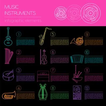 Musical instruments graphic template. All types of musical instruments infogr Illustrazione stock