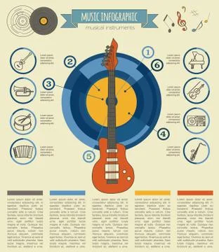 Musical instruments graphic template. All types of musical instruments infogr Ilustración de archivo
